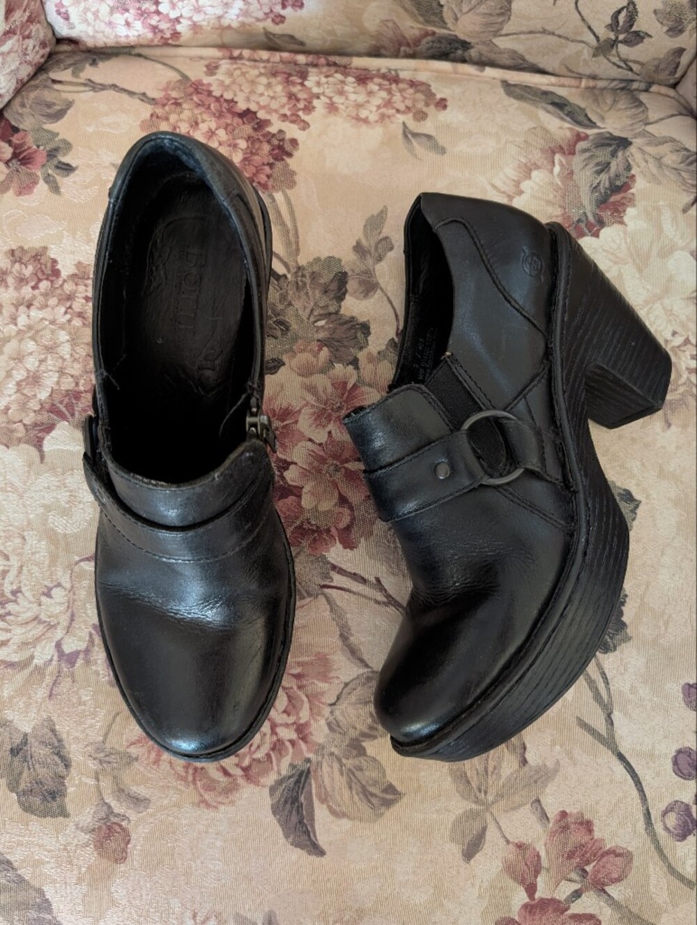 Born Black Leather Chunky Heel Slip-On Shoes